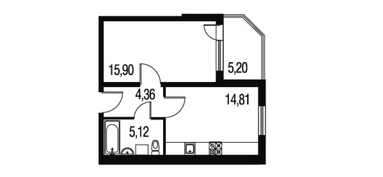 Однокомнатная квартира 45.39 м²