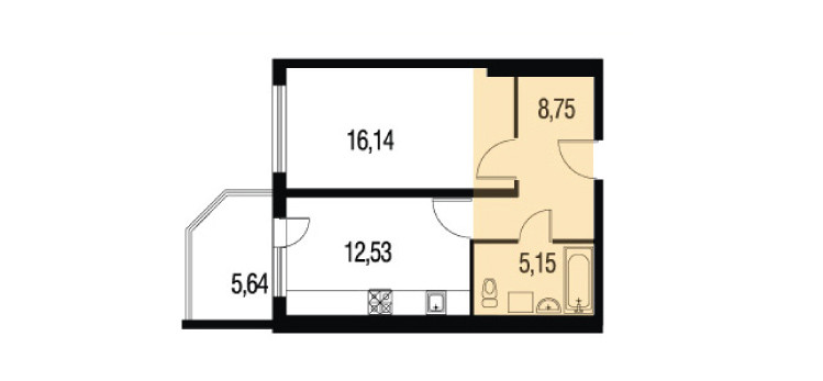 Однокомнатная квартира 65.89 м²