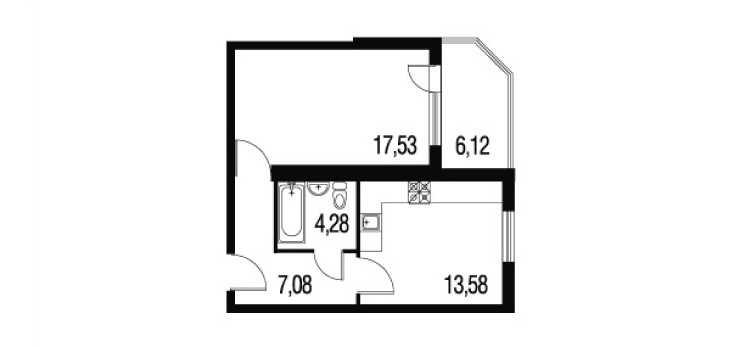 Однокомнатная квартира 48.59 м²
